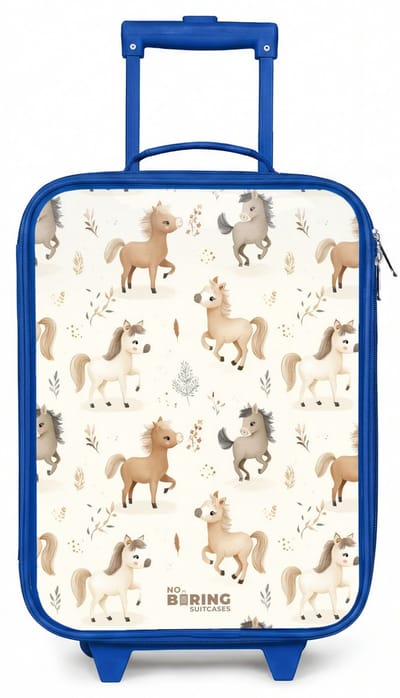 NoBoringSuitcases.com® - Kinderkoffer blauw - Kindertrolley jongen - Patroon van veulens in beige en bruin kleuren - Koffer kind lichtgewicht - Reiskoffer trolley voor kinderen - Koffertje met lichtgevende wieltjes - Rolkoffer
