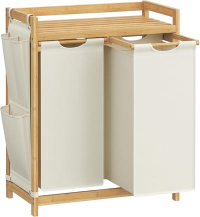 SONGMICS - wasmand 2 compartimenten - totaal 100 liter - wassorteerder - wasmand meubel - bamboe - met plank - 63 x 33 x 78 cm - crèmewit / houtkleurig