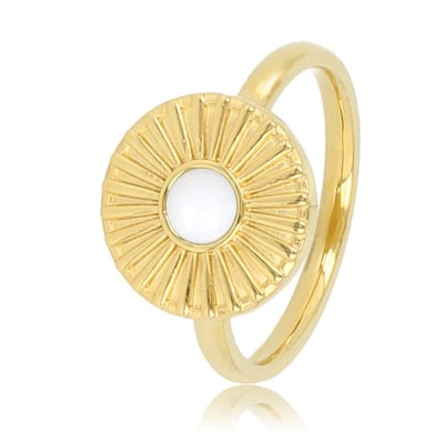 My Bendel - Ring Goudkleurig Zonnetje Design met White Aventurine - Goudkleurige Ring met Zonnetje - White Aventurine Edelsteen - met Luxe Cadeauverpakking | Sieraden Voor Dames | Maat 17.00 Mm / Maat 53