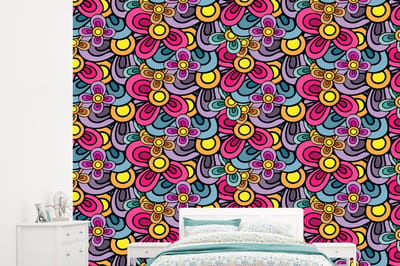 Behang - Fotobehang Patroon - Hippie - Bloemen - Paars - Breedte 245 cm x hoogte 220 cm