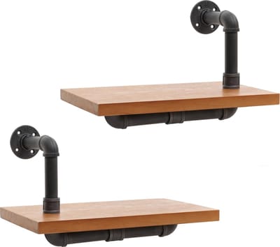 Set van 2 wandplanken MCW-N29, hangende plank boekenkast, 3D structuur industrieel staal massief hout 29x45x25cm ~ natuur