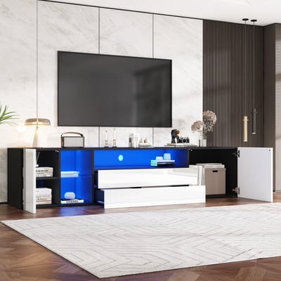 MODENUIT Tv-meubel - Met LED En Opbergruimte - Voor Woonkamer En Tv Tot 75 Inch - Wit/Zwart - 180x40x45 cm