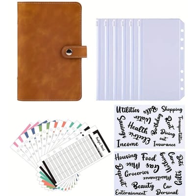 Classeur Bouton Pression Cuir Artificiel Format A6 avec Poche Enveloppe pour Argent et Sac de Rangement de Rechange, Parfait pour la Budgétisation et l'Épargne au Quotidien marron