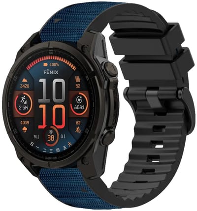 Strap-it Nylon hybride bandje geschikt voor Garmin Fenix 9 (Pro) 47mm - Fenix 8 (Pro-E-47mm) - Fenix 7 (Solar-Pro) - 6 (Solar-Pro) - Fenix 5 (Plus) / Forerunner 970 - 965 - 955 - 945 - 935 - 745 / Quatix 8 - 7 - 6 - 5 - Donkerblauw