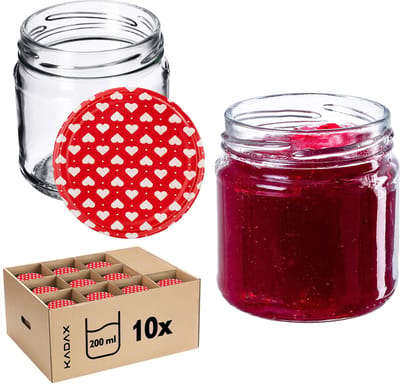 KADAX Kleine inmaakpotten, 200 ml, jampotten, diameter 66 mm, kleine potten voor honing en specerijen, luchtdichte potten, weckpotten, ronde potten (10 stuks, hart)