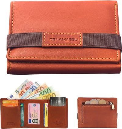 DE LAMASSU® (Tobias) Slim Portemonnee Heren – RFID Bescherming – Echt Leer – 10 Kaarten – Compact 8x10 cm – Met Ritsvak en Elastische Sluiting