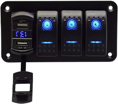 3 Gang 12/24V Aluminium Rocker Switch Paneel met Blauwe LED Achtergrondverlichting, 4 Pin Aan/Uit Toggle Switch en Dubbele USB Oplaadpoort voor Boot, Auto en ATV
