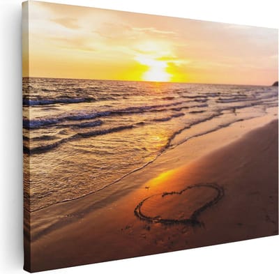 Artaza Canvas Schilderij Zonsondergang Strand - 40x30 cm - Klein - Wanddecoratie Zee - Muurdecoratie Hart - Schilderijen Op Canvas