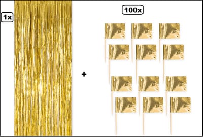 1x Folie gordijn metallic 240cm x 100cm goud + 100x cocktail vlag prikker goud - Gold party landen festival themafeest huwelijk gala disco glitter and glamour wanddeco