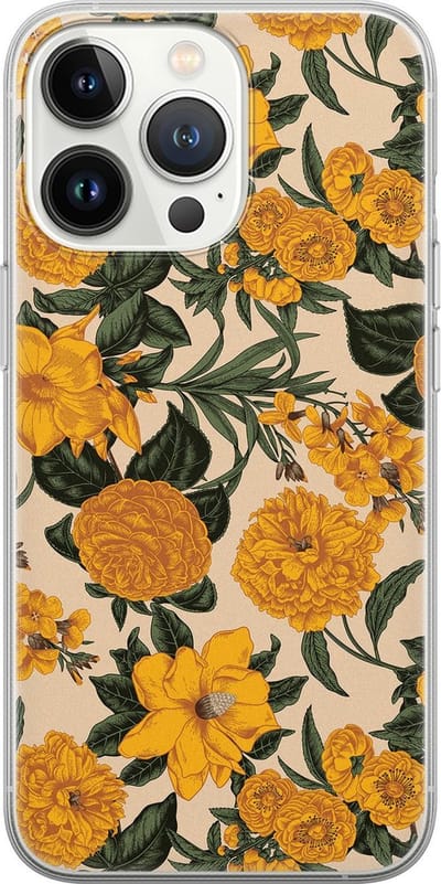 Leuke Telefoonhoesjes - Hoesje geschikt voor iPhone 13 Pro - Retro flowers - Soft case - TPU - Bloemen - Geel