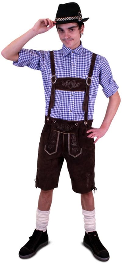 Lederhose donkerbruin luxe kort model - Carnaval kostuum heren - Maatkeuze: Maat 58