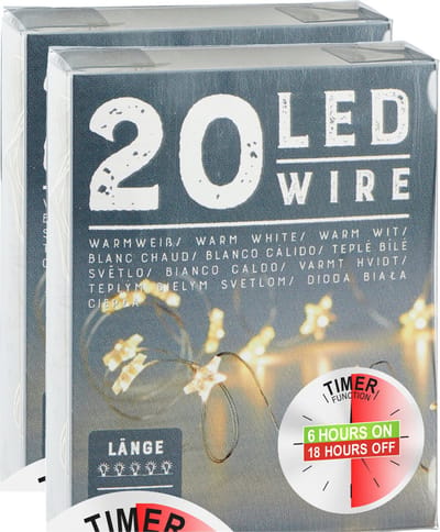 Cepewa Draadverlichting sterren - 2x - 220 cm - 20 leds - warm wit - batterij met timer