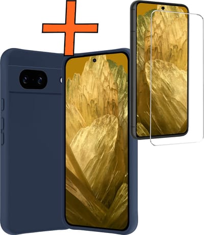 Hoes - Met Screenprotector - Geschikt voor Google Pixel 8a - Sterk & Shockproof - Back Cover - Siliconen Case - Telefoon Hoes - Donkerblauw