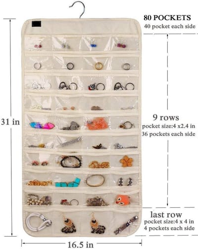 Famanu – Sieraden organizer om op te hangen, extra grote canvas opberger met 80 vakken voor sieraden, beige