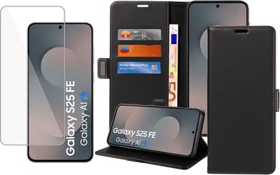 ChiGuard Book Case Hoesje geschikt voor Samsung Galaxy S25 FE - Hoesje + Screenprotector - Magnetische Sluiting - Portemonnee Rustic Zwart