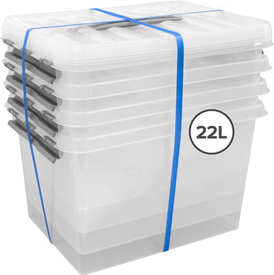 Sunware - Q-line Opbergbox met deksel - 22L - Set van 4 - Transparant/Grijs