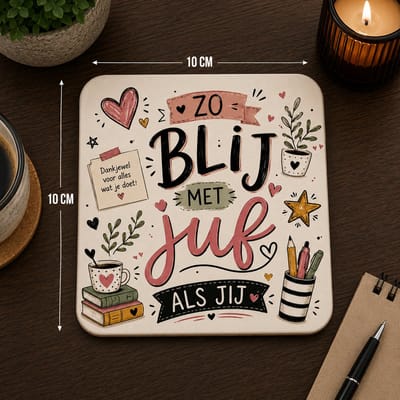 Zo Blij Met Een Juf Als Jij Onderzetter 10x10 cm – Cadeau voor Juf – MDF Onderzetter met Lieve Tekst