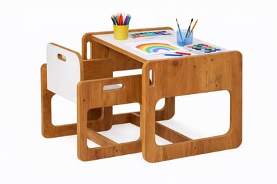 WoodWorks Kindertafel met Stoel – MDF Walnoot/Wit – 1-Persoons Speel- en Knutseltafel voor Kinderen 2-6 Jaar – Compact Kindermeubel voor Kinderkamer of Woonkamer