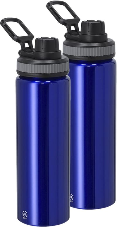 Bellatio Design Waterfles/drinkfles sport bidon Fitmaster - 2x - metallic blauw - 800 ml - aluminium - schroefdop