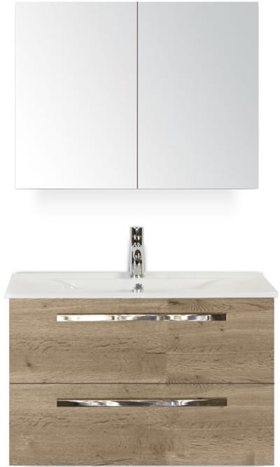 Seville Badmeubelset 80 cm - Natuur Eiken - Keramische Wastafel Wit Enjoy met Spiegelkast