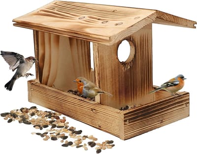 Famanu – Houten vogelvoederhuis - klein - van gebrand hout - inclusief 0,5 kg voer - duurzaam en geschikt voor tuin en balkon - ideaal voor vogels en kleine dieren