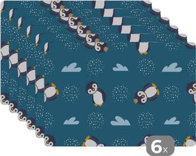 Placemat - Placemats kunststof - Pinguïn - Wolken - Jongens - Design - 45x30 cm - 6 stuks - Hittebestendig - Anti-Slip - Onderlegger - Afneembaar