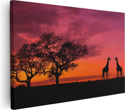 Artaza Canvas Schilderij Zonsondergang - 30x20 cm - Klein - Wanddecoratie Giraffe - Muurdecoratie Afrikaans Schilderij - Schilderijen Op Canvas