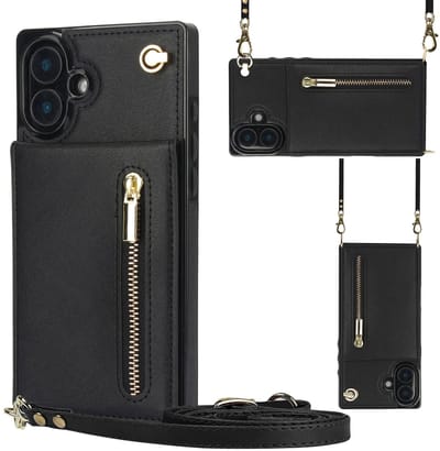 Geschikt voor iPhone 16 Hoesje Met Koord - Solidenz Portemonnee - Telefoonhoesje Met Koord - Wallet Case - Cover Hoes Met Koordje - Backcover Met Koord - Zwart