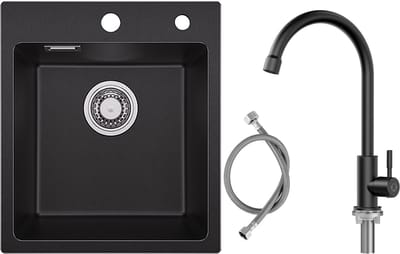 SOFETIY MAX Spoelbak Keuken Zwart 40x45CM - Graniet Spoelbakken Zwart - Enkele Spoelbak Met Koudwater Keukenkraan - Spoelbakken Incl. Sifon en Afvoerzeefje