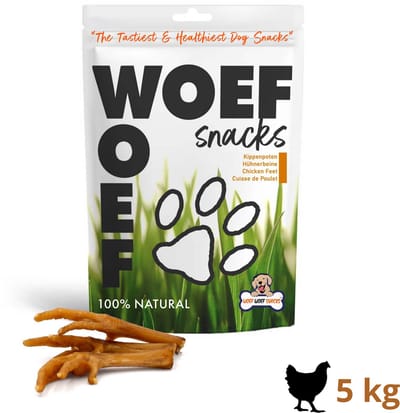 Woef Woef Snacks Hondensnacks Kippenpoten - 5.00 KG - Verwensnacks - Gedroogd vlees - Kip - Vanaf 3 maanden - Geen toevoegingen