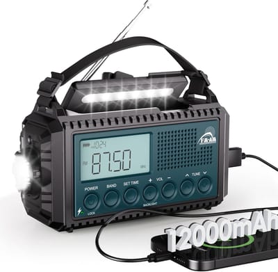 Zwengelradio AM/FM/SW – Draagbare Noodradio met 12.000mAh Powerbank, Type-C Opladen, LED Zaklamp & Leeslamp, SOS-Alarm, Zonnepaneel & Dynamo – Ideaal voor Kamperen, Wandelen & Noodsituaties