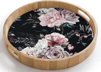 Dienblad rond 40x40 cm - Schootdienblad hout - Vintage - Rozen - Romantisch - Bloemen - Borrelplank rechthoek - Plateau houten dienbladen