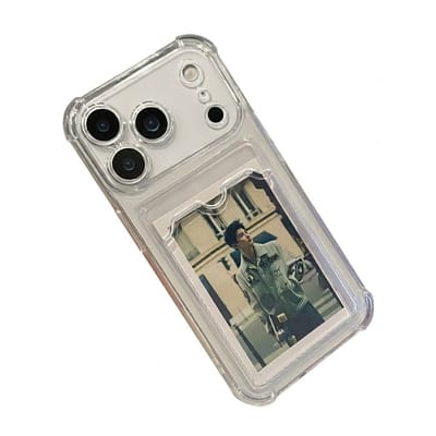Transparant telefoon hoesje met kaarthouder geschikt voor iPhone 17 Pro – doorzichtig TPU backcover case dames en heren – schokbestendig ontwerp met foto vak en verstevigde hoeken