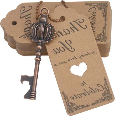 52-delige Vintage Sleutelhanger Flesopener in Kroonvorm voor Trouwen, Bedankjes en Souvenirs met Tags en Sleutelhanger (Antiek Koper)