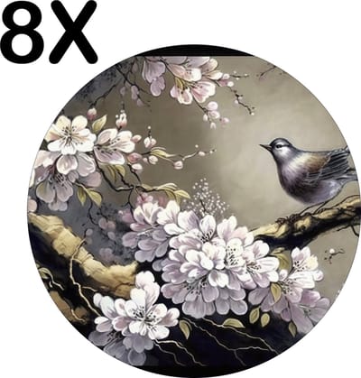 Luxe Ronde Placemat - Chinese Kunst met Vogel en Kersenboom - Set van 8 Placemats - 50x50 cm - 2 mm dik Vinyl - Anti Slip - Afneembaar