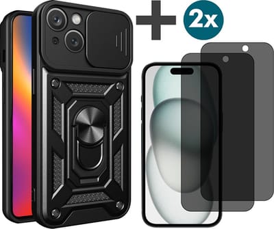 Hoesje met Privacy screenprotectors 2 stuks Geschikt voor iPhone 15 met Ringhouder en Camera schuifje - Arara backcover - Zwart
