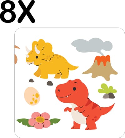 Luxe Placemat - Vrolijke Dino's - Voor Kinderen - Getekend -2 - Set van 8 Placemats - 50x50 cm - 2 mm dik Vinyl - Anti Slip - Afneembaar