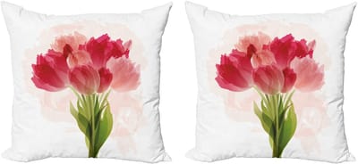ABAKUHAUS Decoratieve kussenhoezen met bloemenmotief (2 stuks), aquarel tulpenboeket, 40x40 cm, roze koraalgroen