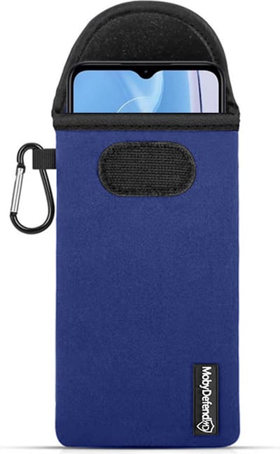 MobyDefend Hoesje - Geschikt voor Motorola Moto E22 / E22i - Neopreen Pouch Met Karabijnhaak - Insteek - Riemlus - Blauw