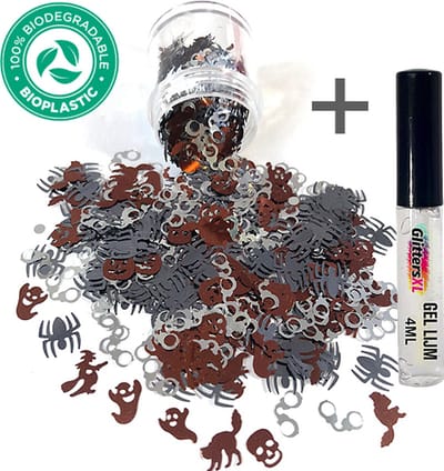 Halloween Chunky Glitters (Zilver/Bruin/Grijs) + Glitter Huid Lijm [Volume 8g - Festival Jewels Glitter Outfit Lichaam en Gezicht - Make-up nep wond tattoo - spin bloed decoratie masker mastix - Kinderen Volwassenen Dames Heren Schmink]
