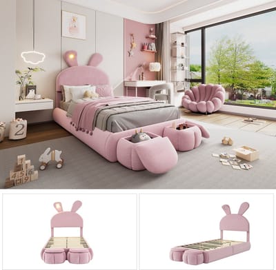 Polsterbett Met Konijnenoren - 90x200 cm - Kinderbed Met LED-Lichtstrip & 2 Opbergkrukken - roze Fluweel - Verstelbaar Hoofdbord