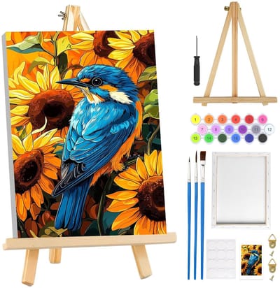 BRENZOOS- Schilderen op Nummer - Vogels Schilderen - Zonnebloem Schilderen - Doe-Het-Zelf Olieverfschilderij - Canvas 8 x 30,5 cm - Inclusief Frame en Ezel - Verfset