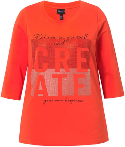 Ulla Popken - Dames - T-shirt lettermotief ronde hals opstaande kraag 3/4-mouwen - Paprika - Maat 46+