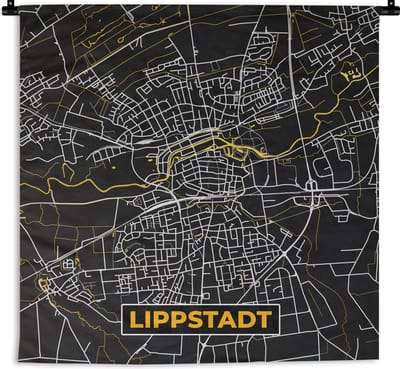Wandkleed - Wanddoek - Black and Gold – Stadskaart – Lippstadt – Duitsland – Plattegrond – Kaart - 180x180 cm - Wandtapijt