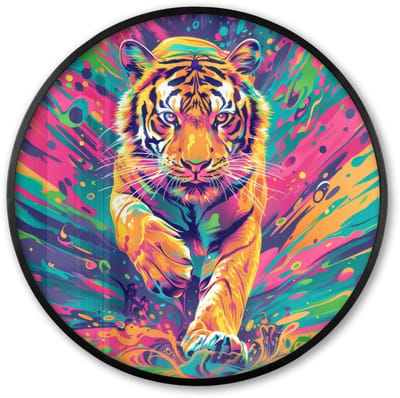 Poster in lijst Rond - Fotolijst 60x60 cm - Posters - Tijger - Wilde dieren - Kleurrijk - Verflook - Ronde posterlijst zwart - Decoratie - Wanddecoratie woonkamer - Muurdecoratie slaapkamer