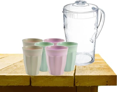 5Five water/sapkan 2 liter transparant kunststof met 12x gekleurde glazen 250 ML