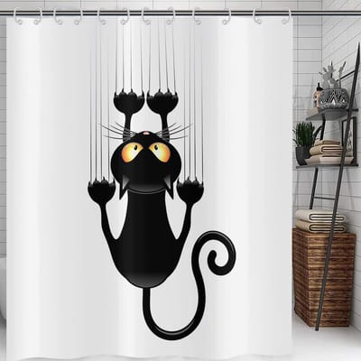 longziming -Douchegordijn – Douchegordijn met Kattenprint 150×180 cm – Waterafstotend Polyester – Duurzaam & Onderhoudsvriendelijk – Inclusief 12 Haken – Badkamerdecoratie
