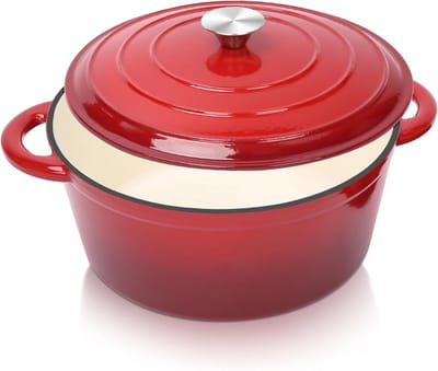Gietijzeren Pan - Stoofpan met deksel - Langzaam Garen - Gelijkmatige Warmteverdeling - 5.7 Liter - Rood