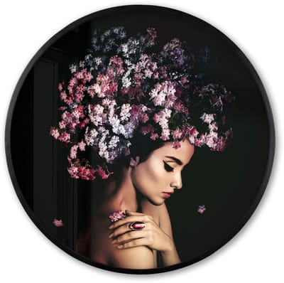 Poster in lijst Rond - Fotolijst 60x60 cm - Posters - Bloesem - Vrouw - Roze - Bloemen - Luxe - Ronde posterlijst zwart - Decoratie - Wanddecoratie woonkamer - Muurdecoratie slaapkamer