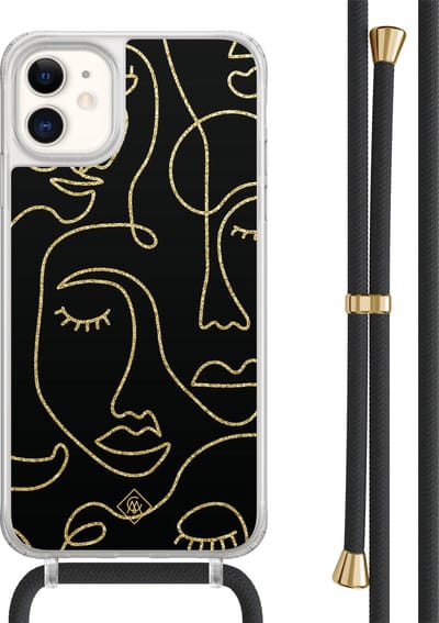 Casimoda® hoesje met zwart koord - Geschikt voor iPhone 11 - Abstract Faces - Afneembaar koord - TPU/acryl - Zwart